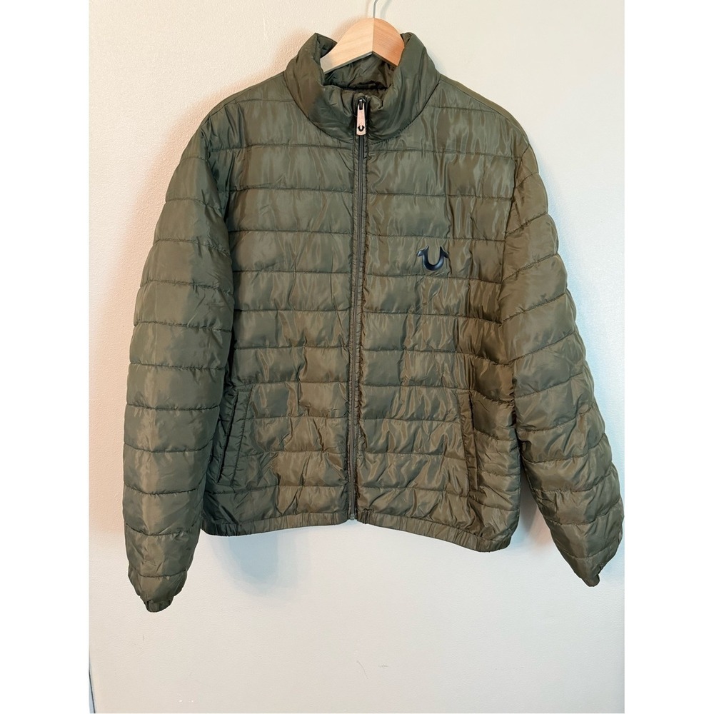True Religion Men's Olive Green Puffer Jacket Logo Zip